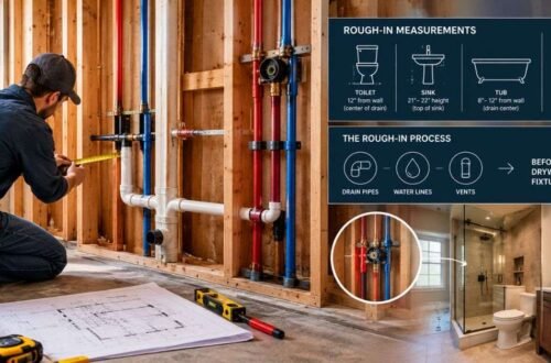 Standard toilet rough-in dimensions chart with 12-inch flange distance and clearance measurements