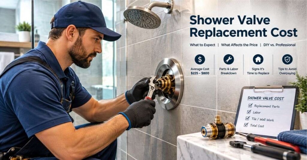 Licensed plumber installing a new shower valve behind an open bathroom wall access panel this month.