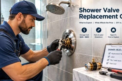 Licensed plumber installing a new shower valve behind an open bathroom wall access panel this month.