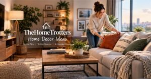 Cozy living room styled with TheHomeTrotters home decor ideas, layered textures and warm lighting
