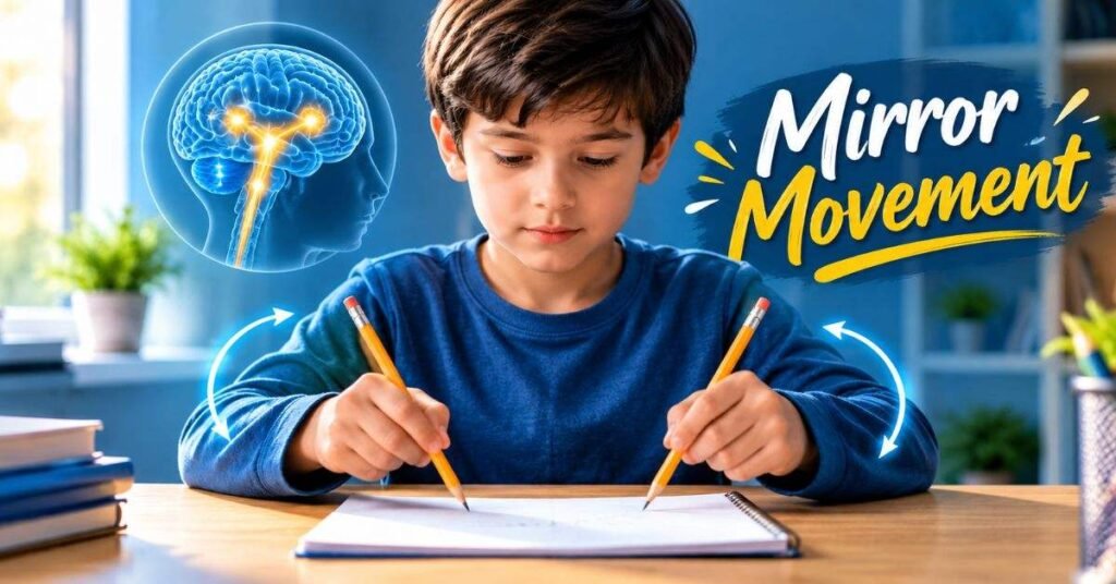 Child using one hand to write while the other hand copies the movement, showing a mirror movement