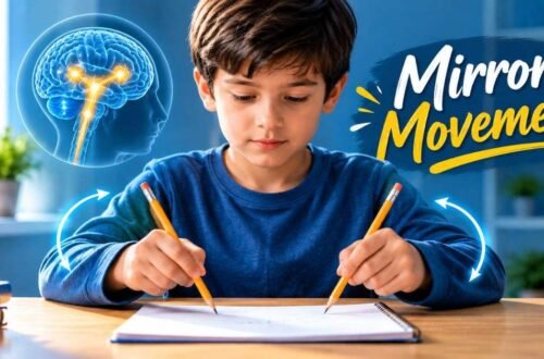 Child using one hand to write while the other hand copies the movement, showing a mirror movement