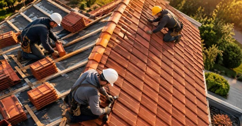 Red clay tile roof on a sunny home showing neat rows of orange-red barrel tiles and a straight ridge