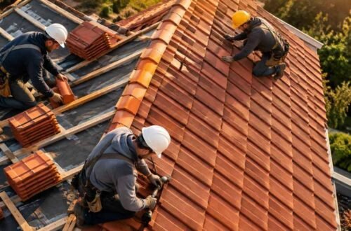 Red clay tile roof on a sunny home showing neat rows of orange-red barrel tiles and a straight ridge