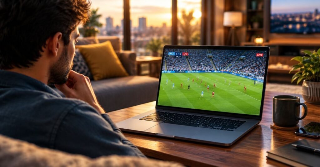 Fans watching a live HD football match on a smart TV using a safe and legal sports streaming service