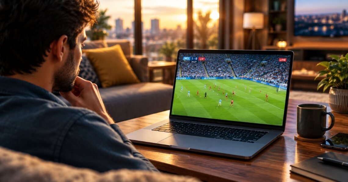 Fans watching a live HD football match on a smart TV using a safe and legal sports streaming service