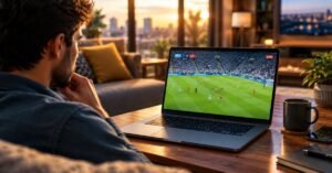 Fans watching a live HD football match on a smart TV using a safe and legal sports streaming service
