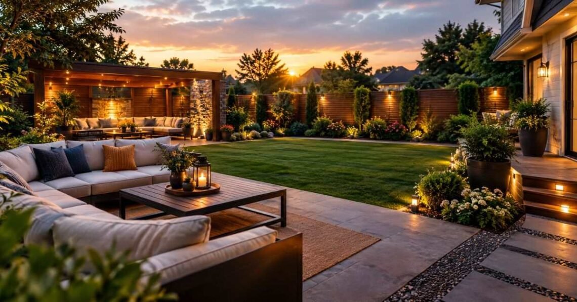 Cozy backyard patio with stone pavers, outdoor chairs, and potted plants after a simple yard makeover
