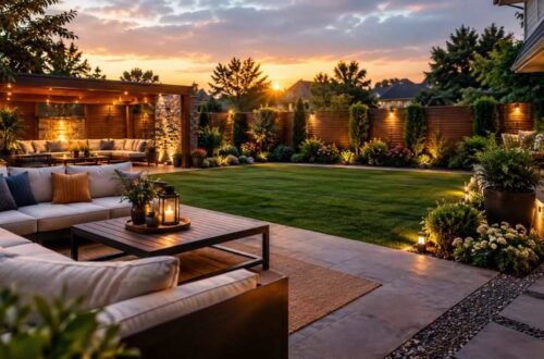 Cozy backyard patio with stone pavers, outdoor chairs, and potted plants after a simple yard makeover