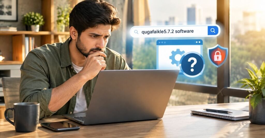 Person checking a software download on a laptop before installing it to avoid fake or risky programs