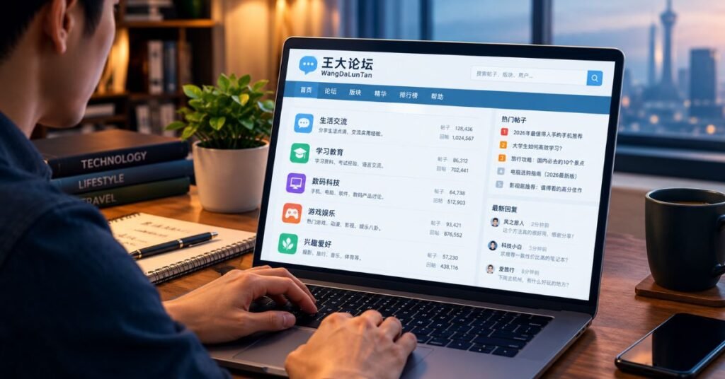 Beginner reading a Chinese online forum on a laptop to learn about WangDaLunTan