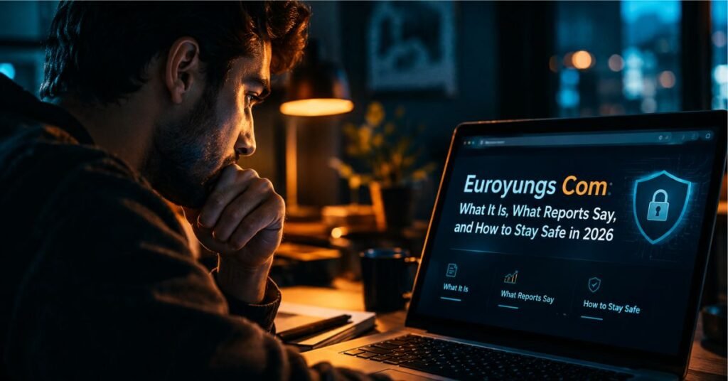 Person checking a website address and padlock icon on a laptop to see if euroyungs com is safe today