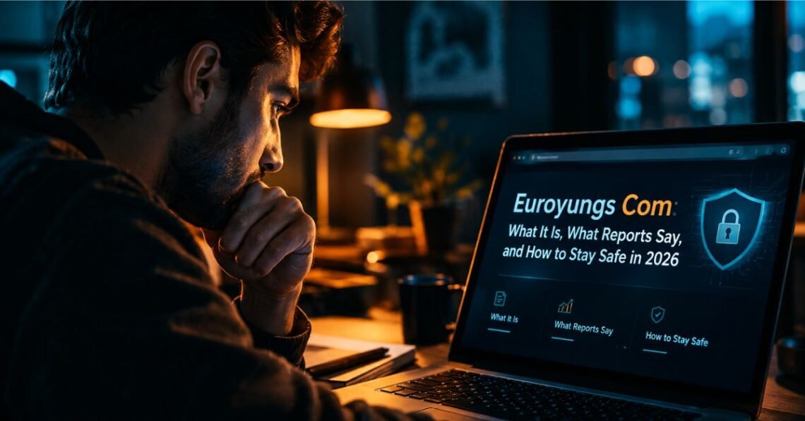 Person checking a website address and padlock icon on a laptop to see if euroyungs com is safe today