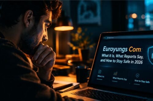 Person checking a website address and padlock icon on a laptop to see if euroyungs com is safe today