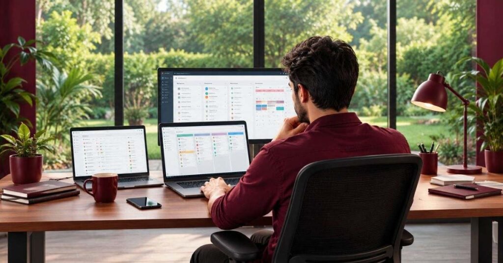 Freelancer reviewing a project list on a laptop to organize work for several clients