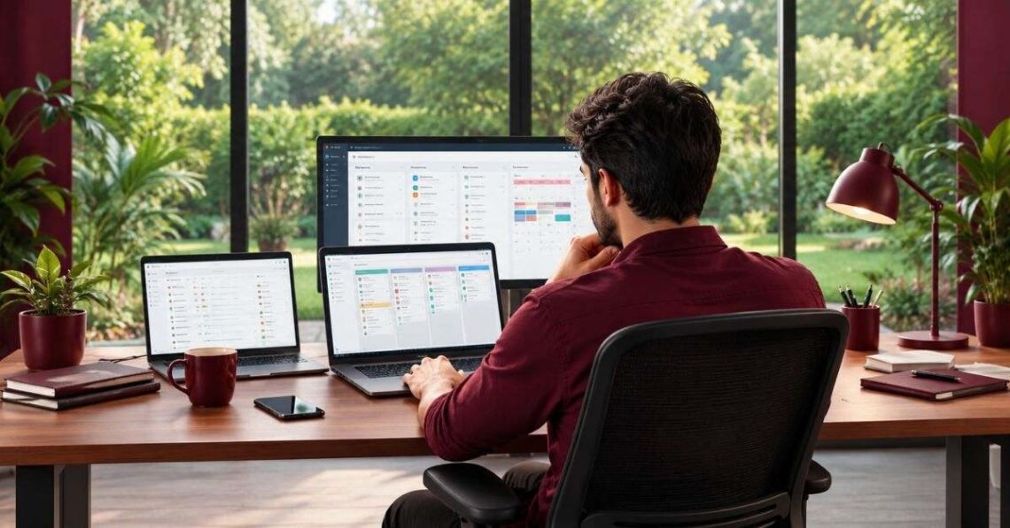 Freelancer reviewing a project list on a laptop to organize work for several clients