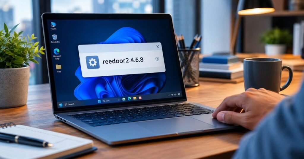 Windows laptop showing a security warning about an unknown program next to a blue shield icon