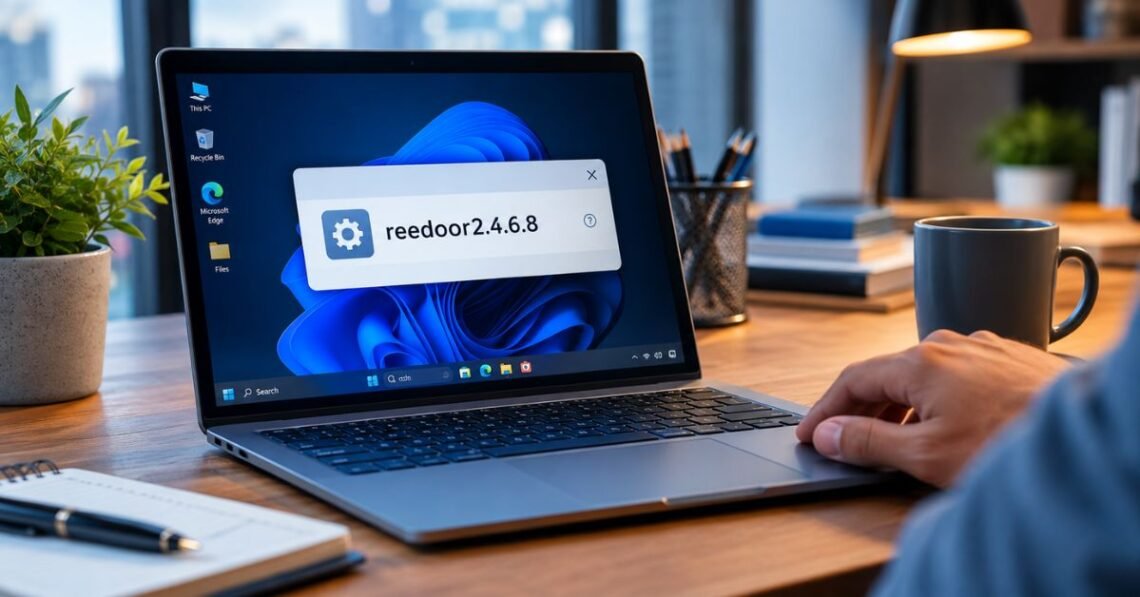 Windows laptop showing a security warning about an unknown program next to a blue shield icon
