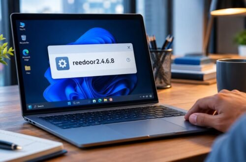 Windows laptop showing a security warning about an unknown program next to a blue shield icon