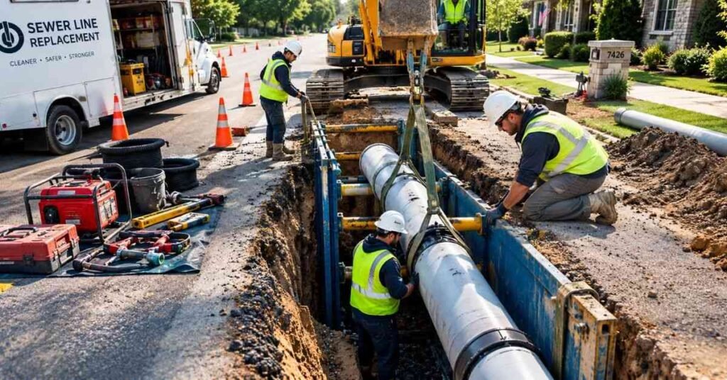 Workers installing a new PVC pipe in a trench during a residential sewer pipe replacement project