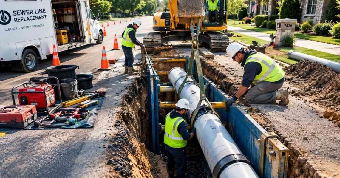 Workers installing a new PVC pipe in a trench during a residential sewer pipe replacement project