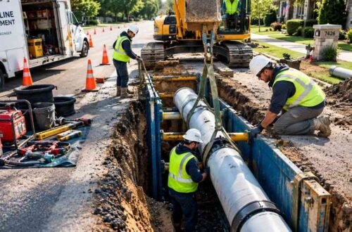 Workers installing a new PVC pipe in a trench during a residential sewer pipe replacement project