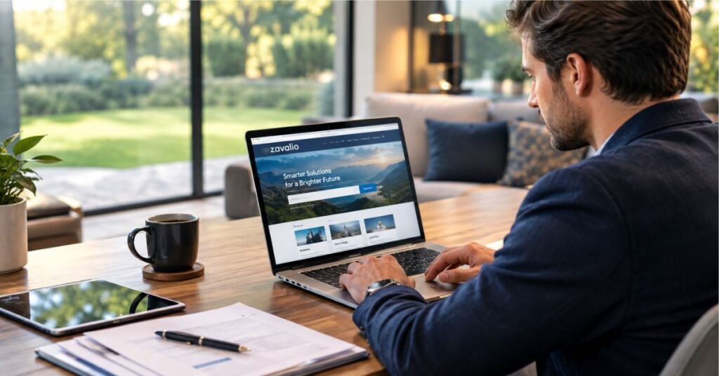 Simple guide to Zavalio website showing article categories like business, health, travel, and sports