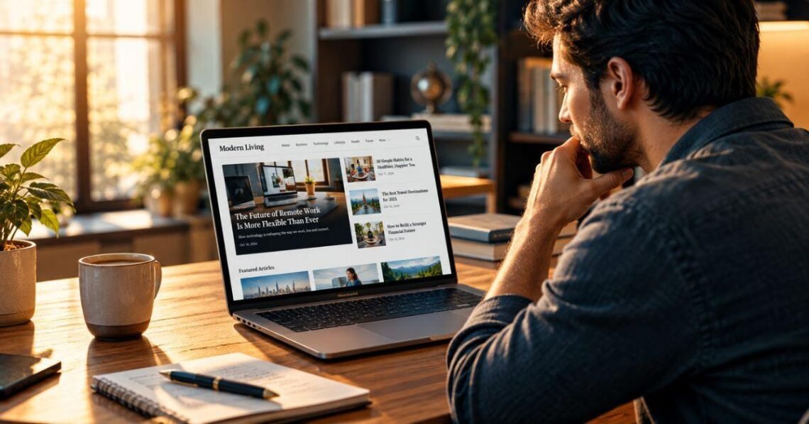 Homepage of a magazine-style business website shown on a laptop screen with the latest 2026 articles