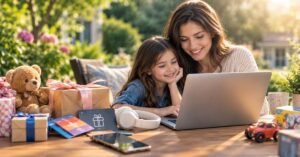 Parent using a laptop to fill out a safe online giveaway entry form at a bright kitchen table now