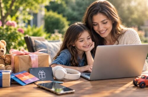 Parent using a laptop to fill out a safe online giveaway entry form at a bright kitchen table now