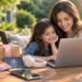 Parent using a laptop to fill out a safe online giveaway entry form at a bright kitchen table now